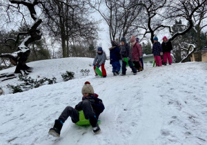 Dziewczynka zjeżdża z górki. Pozostałe dzieci czekają na swoją kolej u szczytu wzniesienia